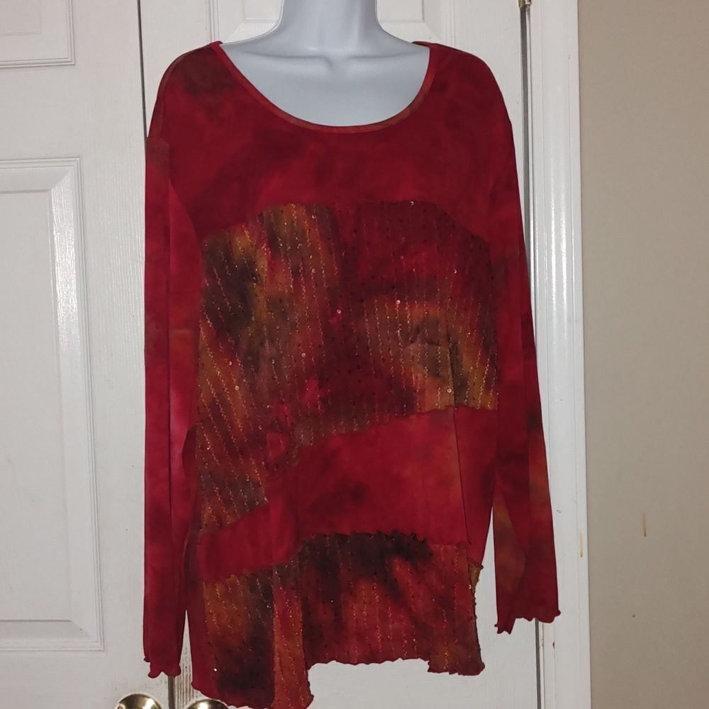 Avenue Stretch  super soft sequin red  brown tan gold  top blouse  Sz 22/24